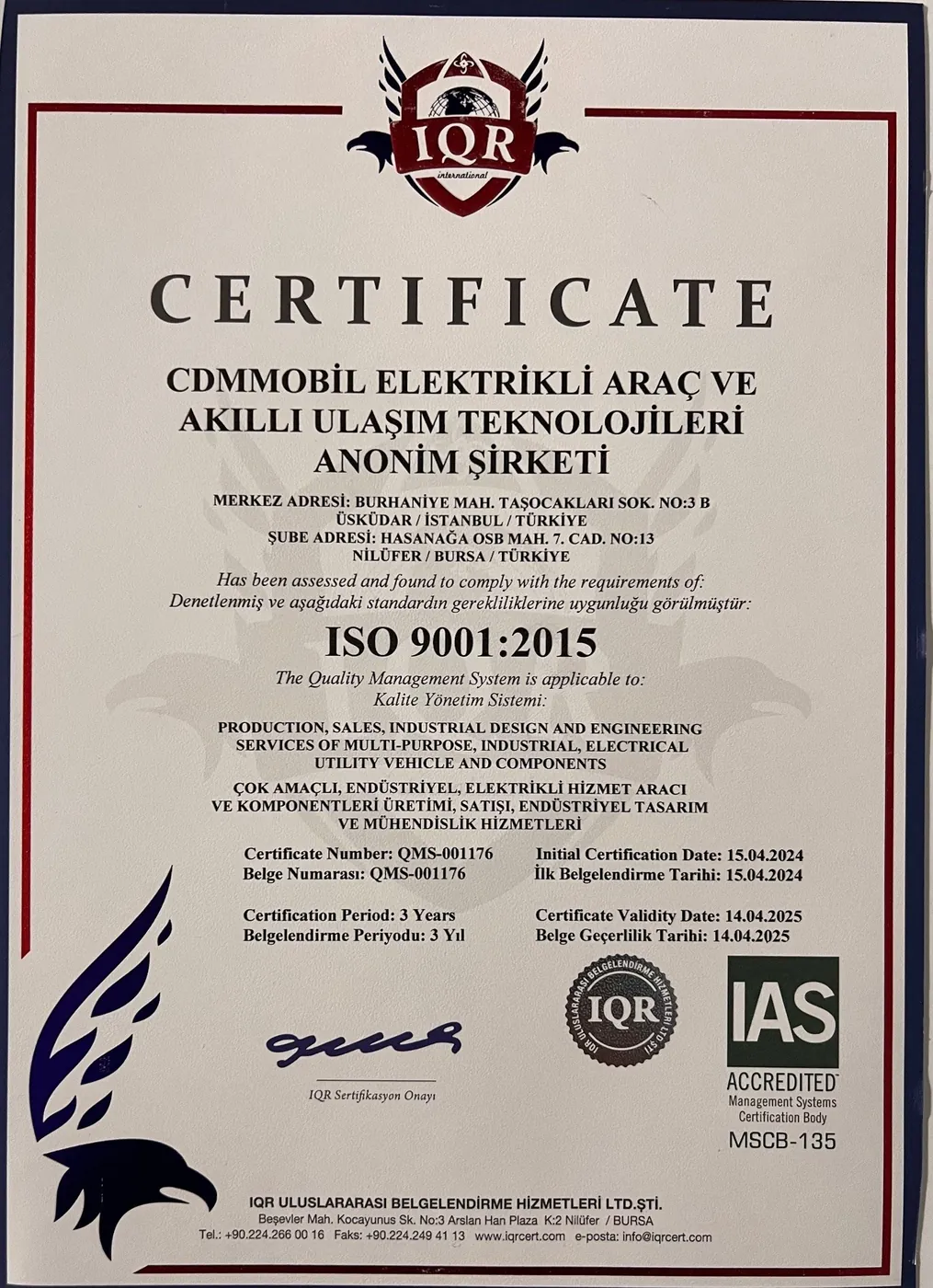 ISO 9001:2015 Kalite Yönetim Sistemi belge görseli