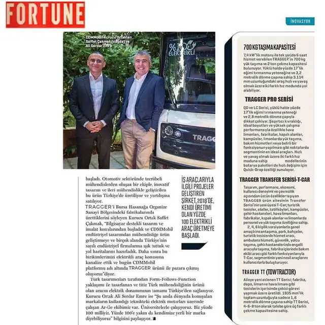 Fortune Türkiye — Elektrikli hizmet araçlarında yerli marka basın kupürü